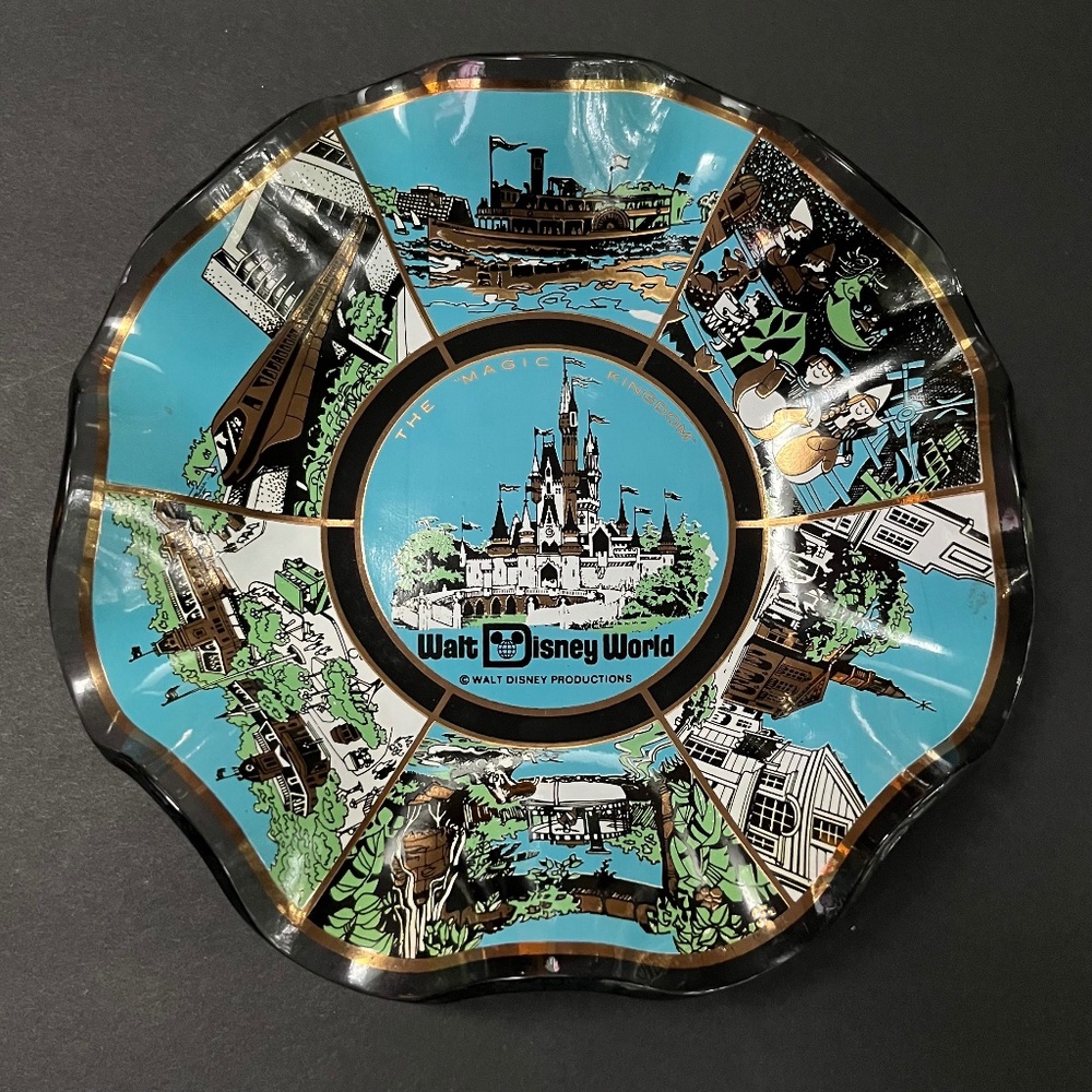 Vintage Walt Disney World 70s Glass Candy Dish Ashtray Plate Bowl Magic Kingdom